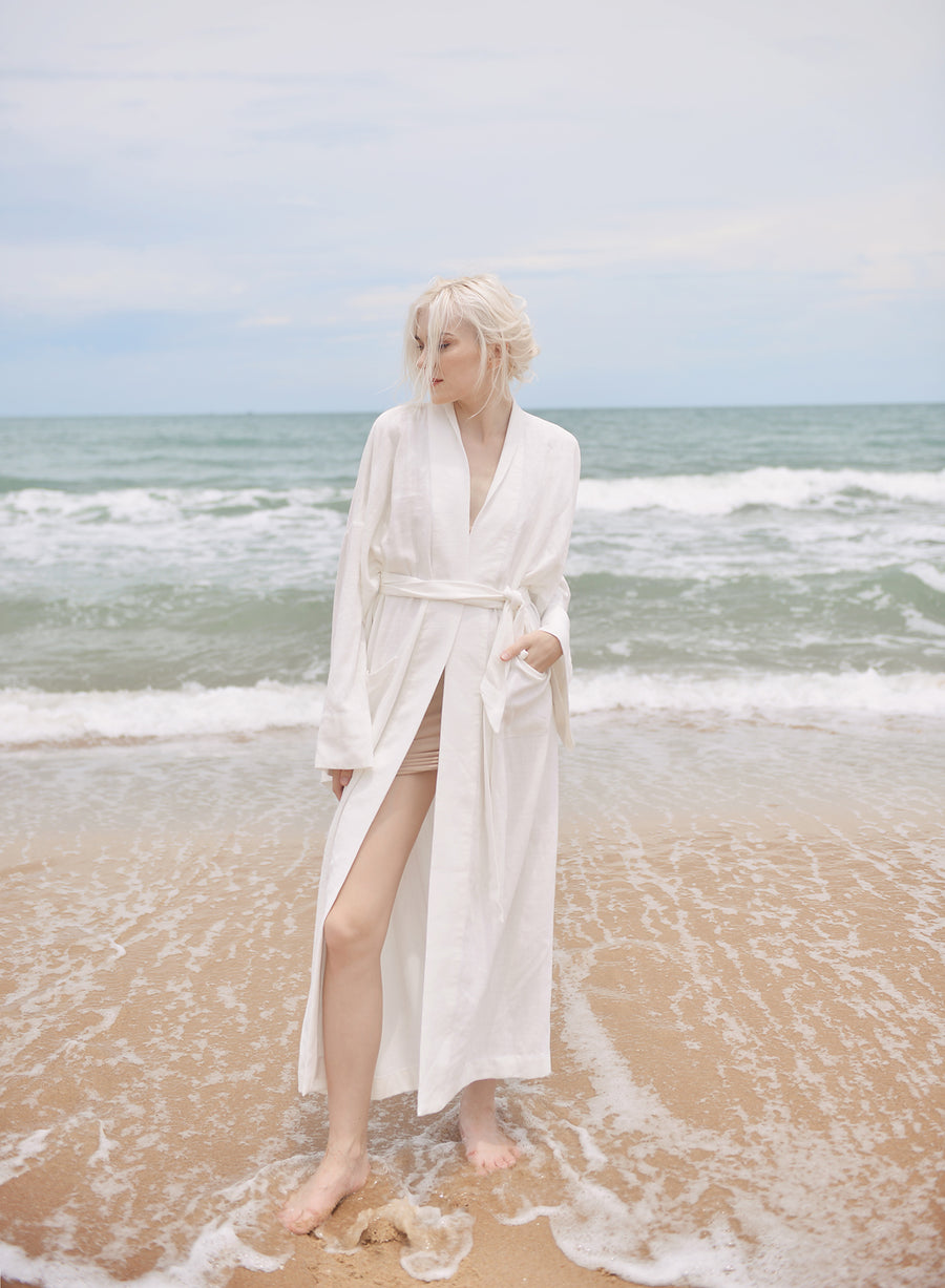 Women Linen Robe with Pockets - White Linen Long Robe - Organic Cotton Robes - Women Linen Robe
