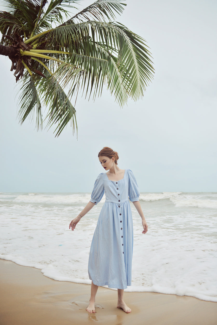 Linen Dress Midi Blue - Linen Dress with Pockets - Half Sleeve Dress - Women Linen Dress - Cotton Mid-calf Dress